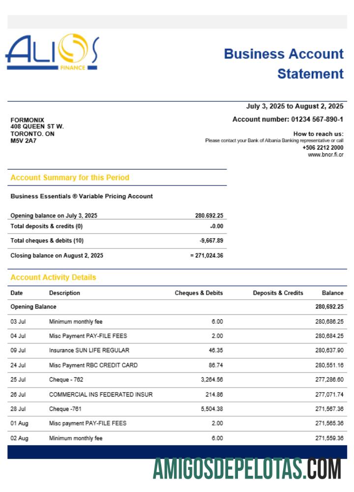 Extrato de conta de empresa de negócios Alios Finance Word Snd formato PDF exemplo real